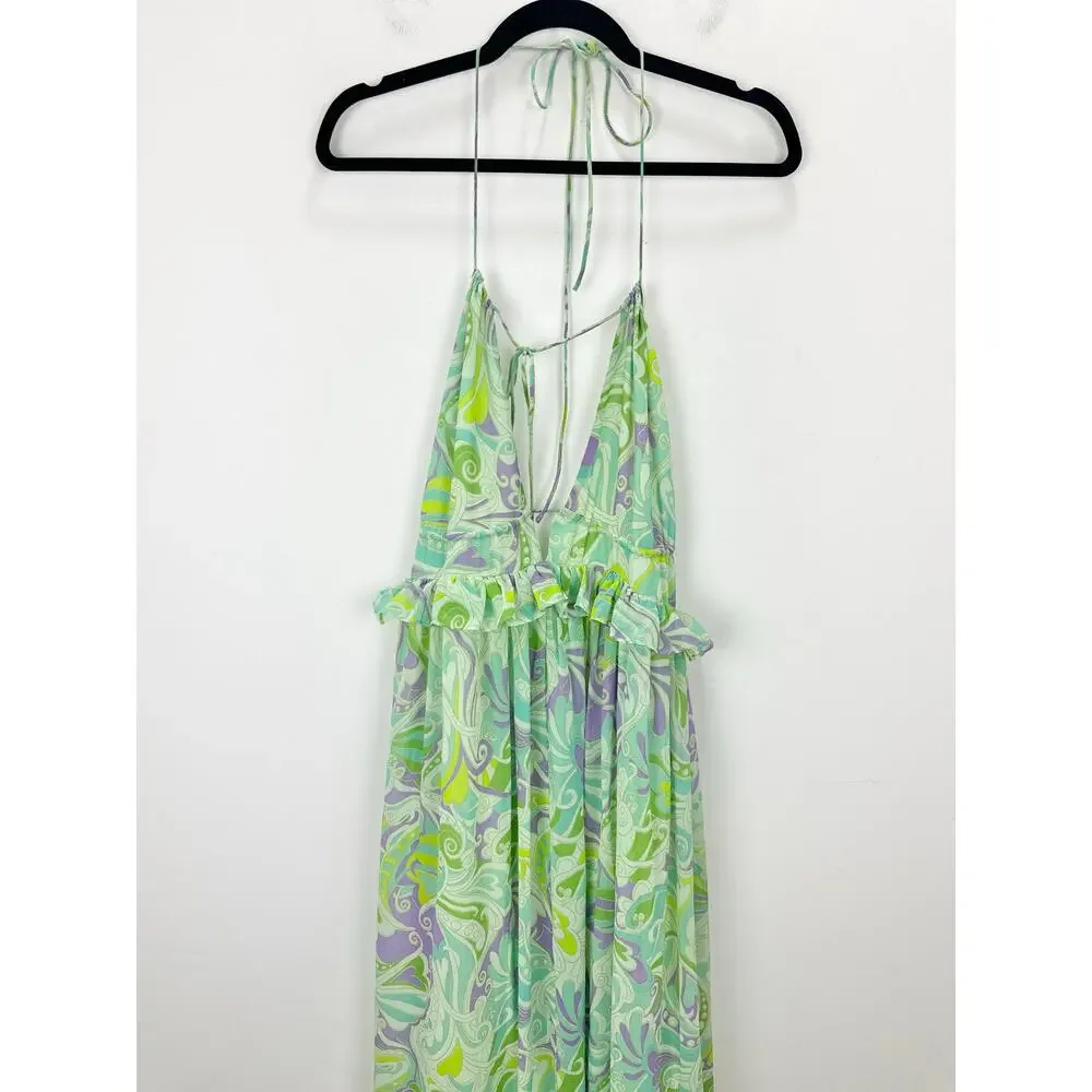Mango Maxi Dress Chiffon Printed Ruffle Resort Boho Green A Line Medium NWT - Picture 9 of 16